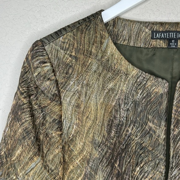 Lafayette 148 Tan and Brown 3/4 Sleeve Open Front Blazer Jacket Size 12 - Picture 3 of 13